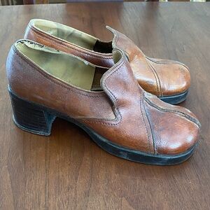 Vintage Leather Block Heel Mules Shoes